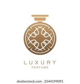 Luxury golden bottle perfume fragrance icon. Elegant gold round flask with premium scent. Isolated vector emblem with ornate spray bottle for high-end fragrance branding, beauty and cosmetic products