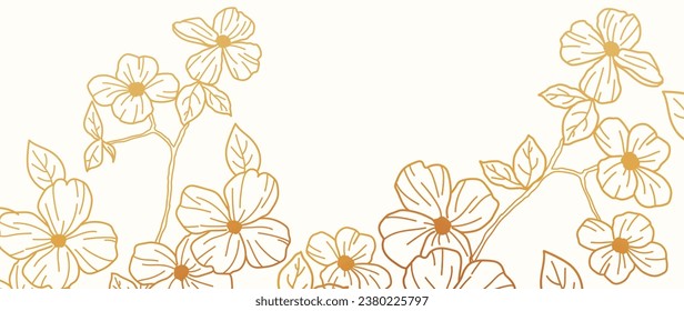 Luxury golden cherry blossom, sakura vector. Natural botanical elegant flower with leaves and golden line. Design illustration for decoration, wall decor, wallpaper, cover, poster, postcard.	