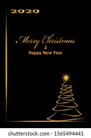 Luxury golden christmas background with christmas tree and lettering. Template for greeting card or banner.
