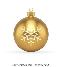 Luxury golden Christmas ball toy with snowflake and loop for hanging 3d icon realistic vector illustration. Premium metallic glossy Xmas New Year bauble with snow for winter holiday decoration