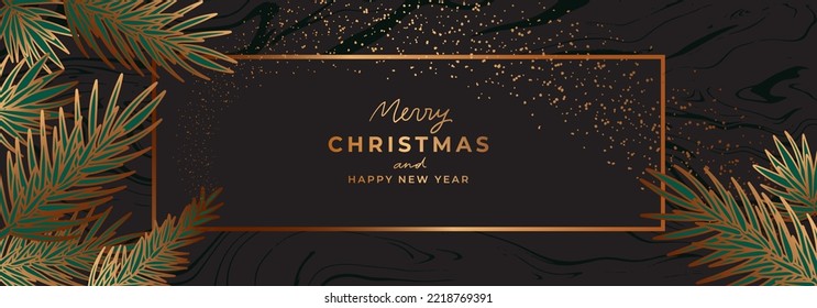 Luxury golden Christmas banner template. Gold christmas tree, pine branches, glitter. Fancy New Year black background with marble texture