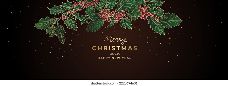 Luxury golden Christmas banner template with holly tree branches. Golden fancy New Year background with Christmas wreath and glitter