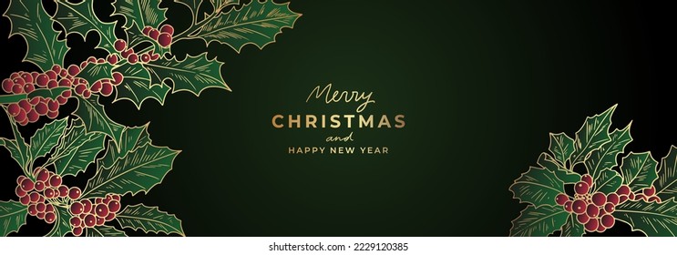 Luxury golden Christmas banner template with holly tree branches. Golden fancy New Year background with floral elements