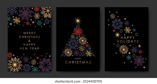 Luxury golden Christmas card with Merry Christmas and Happy New Year. Colored and gold snowflakes on black background. Winter vector illustration for greeting cards.