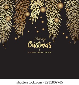 Luxury golden Christmas template for social media. Gold christmas tree, pine branches, firework, glitter, frame, lettering on black background