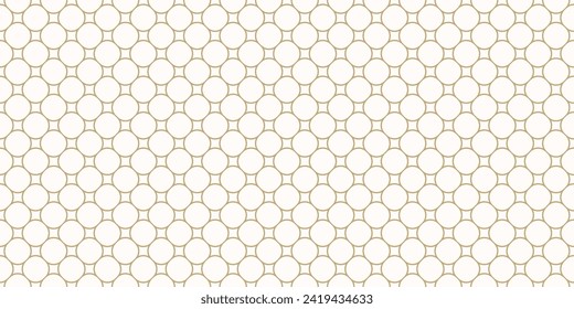 Luxury golden circle mesh texture. Vector minimalist seamless pattern with circular grid, thin curved lines, lattice, net. Simple geometric background. Elegant minimal gold and white repeated ornament