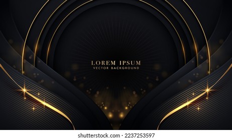 Luxury golden circle ring glowing with gold ribbon, glitter light effect and bokeh decoration on black background. Elegant style design template concept. Vector illustration