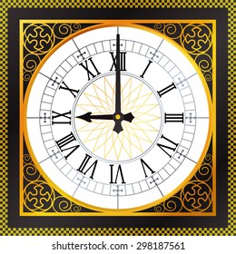 Luxury golden clock with Roman numerals and tracery boarder, isolated arrow. vector illustration.