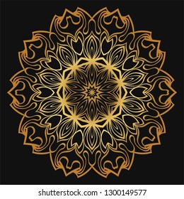 Luxury golden color Hand-Drawn Henna Ethnic Mandala. Circle lace ornament. Vector illustration. for coloring book, greeting card, invitation, tattoo. Anti-stress therapy pattern