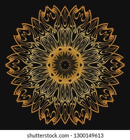 Luxury golden color Hand-Drawn Henna Ethnic Mandala. Circle lace ornament. Vector illustration. for coloring book, greeting card, invitation, tattoo. Anti-stress therapy pattern