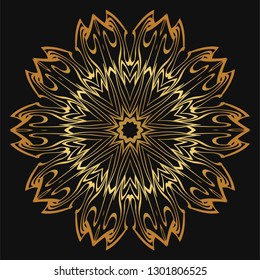 Luxury golden color Hand-Drawn Henna Ethnic Mandala. Circle lace ornament. Vector illustration. for coloring book, greeting card, invitation, tattoo. Anti-stress therapy pattern