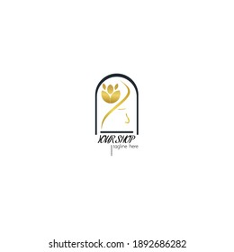 luxury golden color logo, minimalistic logo design silhouette outline illustration, can be used for beauty products, barber shop woman, symbol, online shop wall background,