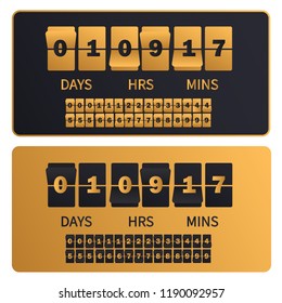 Luxury golden countdown clock digits board New year, Christmas or shopping sale timer. Rich gold number counter template banner, all digits with flips included.