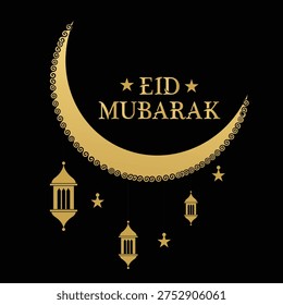 Luxury Golden Crescent Moon Eid Mubarak with Lanterns on Black Background