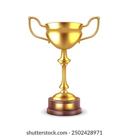 Luxury golden cup on podium realistic vector illustration. Competition winner. Metal bowl victory reward 3d object on white background
