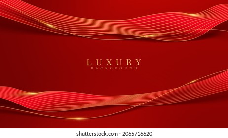 Luxury golden curve line on red background with glitter light effects elements.