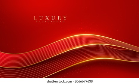 Luxury golden curve line on red background with glitter light effects elements.