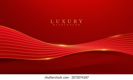 Luxury golden curve line on red background with glitter light effects elements.