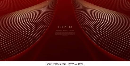 Luxury golden curve lines on red background with lighting effect and copy space for text. Elegant design style. Vector illustration