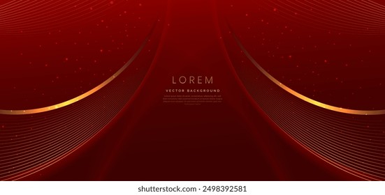 Luxury golden curve lines on red background with lighting effect and copy space for text. Elegant design style. Vector illustration