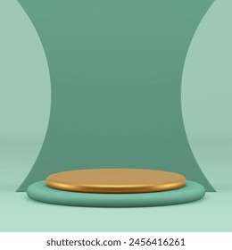 Luxury golden cylinder 3d podium pedestal with curved wall background realistic vector illustration. Premium green pastel showroom advertising showcase stand mock up for cosmetic product presentation