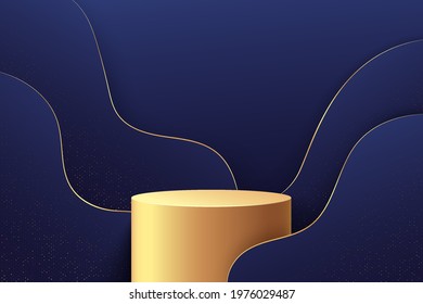 Luxury golden cylinder pedestal podium. Dark blue fluid shape backdrop. Glow glitter and stripes decorate. Vector rendering 3d shape for products display presentation. Abstract minimal wall scene. 