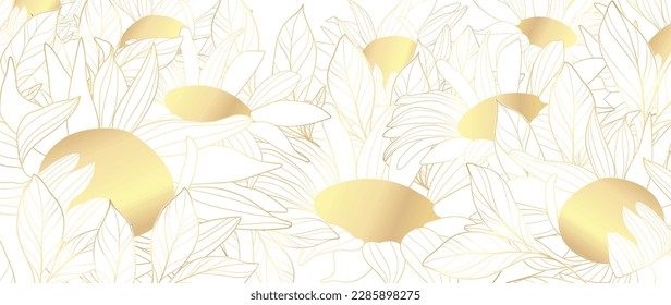 Luxury golden daisy flower line art background vector. Natural botanical elegant flower with gold line art. Design illustration for decoration, wall decor, wallpaper, cover, banner, poster, card.