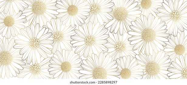 Luxury golden daisy flower line art background vector. Natural botanical elegant flower with gold line art. Design illustration for decoration, wall decor, wallpaper, cover, banner, poster, card.