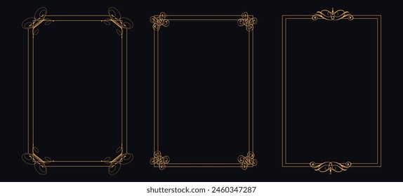 Luxury golden decorative elements with different lines, Collection of geometric art deco ornament, Vector set of linear frames and borders, Victorian style decor floral border, luxury royal antique we