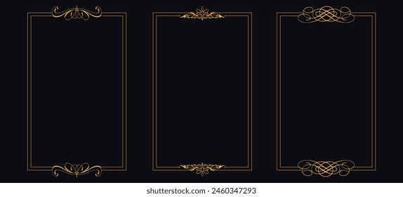 Luxury golden decorative elements with different lines, Collection of geometric art deco ornament, Vector set of linear frames and borders, Victorian style decor floral border, luxury royal antique we