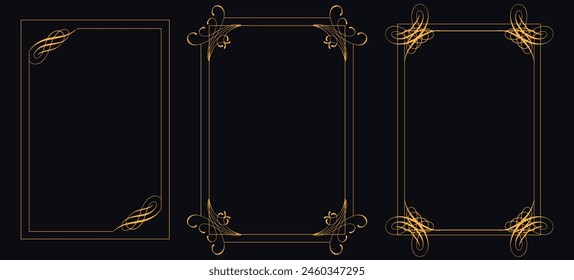 Luxury golden decorative elements with different lines, Collection of geometric art deco ornament, Vector set of linear frames and borders, Victorian style decor floral border, luxury royal antique we