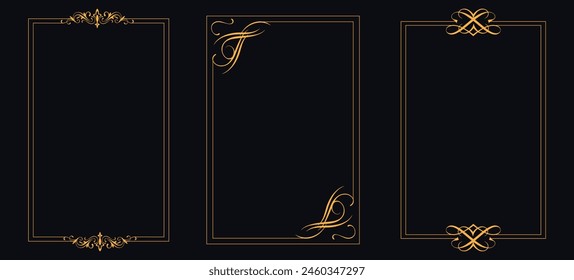 Luxury golden decorative elements with different lines, Collection of geometric art deco ornament, Vector set of linear frames and borders, Victorian style decor floral border, luxury royal antique we