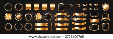 Luxury golden design elements. Premium labels, flags, ribbons, crowns, vintage frames and borders with gold shiny foil texture. Realistic vector illustration collection isolated on background