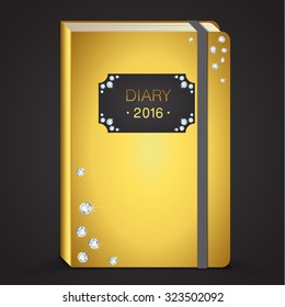 Luxury golden diary 2016, vector stationary notebook with elastic band and diamonds