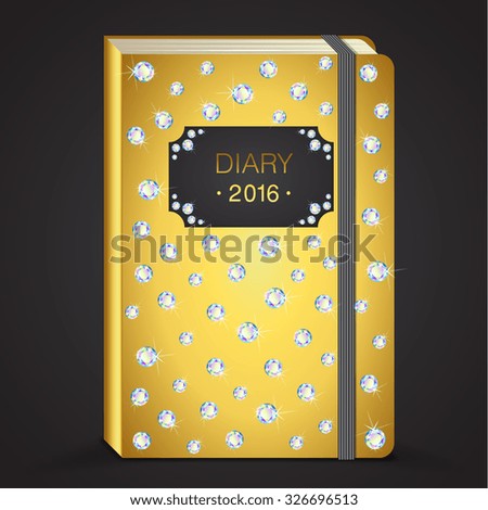 Luxury golden diary 2016, vector stationary notebook with elastic band and diamonds