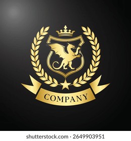 Luxo Golden Dragon Crest logotipo com coroa e louro no fundo preto