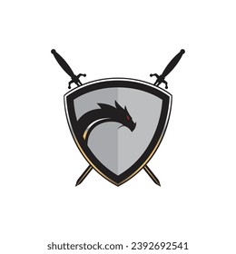 Luxury golden dragon shield symbol, sword and shield logo design