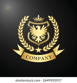 Luxo Golden Eagle Crest logotipo com coroa e louro em fundo escudo preto