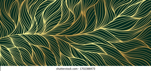 Luxury golden emerald wallpaper.  Abstract gold line arts texture with green emerald background design for cover, invitation background, packaging design, fabric, and print. Vector illustration.