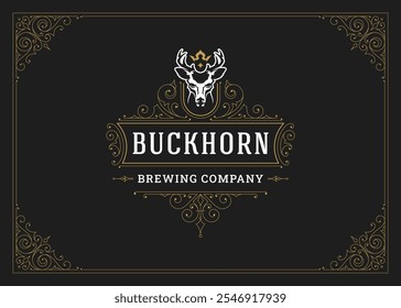 Luxury golden filigree ornament deer in crown logo design template vector illustration. Vintage classical Victorian royal calligraphic emblem horned animal for hunting man club barbershop brewery