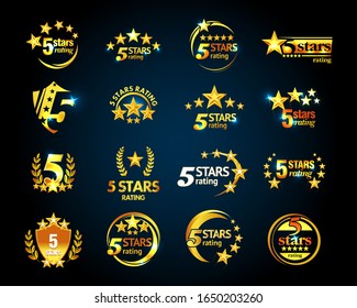 Luxury Golden Five Stars Logo Template Set. 5 Star Rating Emblems Set. Isolated Vector Illustration.