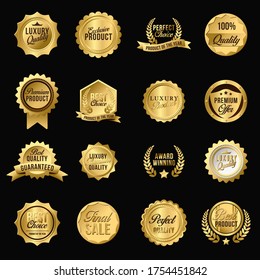 Luxury golden flat badges set. Premium quality stamps, award emblem and stickers vector illustration collection. Sales and best shopping concept