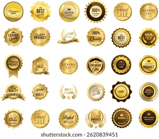 Luxury golden flat badges set, Collection of golden badges and labels for premium quality and special offers, Premium quality medals set,
