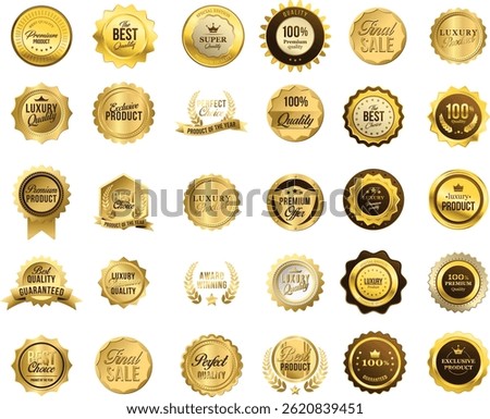 Luxury golden flat badges set, Collection of golden badges and labels for premium quality and special offers, Premium quality medals set,