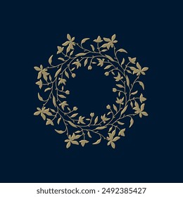 Marco floral dorado de lujo y Plantilla de logotipo con siluetas de ramas, hojas y flores. Vector elegante dibujado a mano Elementos Guardar para invitación de boda, tarjeta, logotipo, etiqueta, marca,