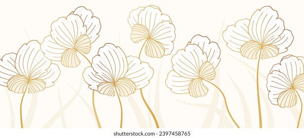  Luxus, goldener floraler Vektorhintergrund. Goldener Farbverlauf. Rosen und Blätter, Blumenlinien, Tapeten-Design für Drucke, Tapeten, Grußkarten, Einladungen.