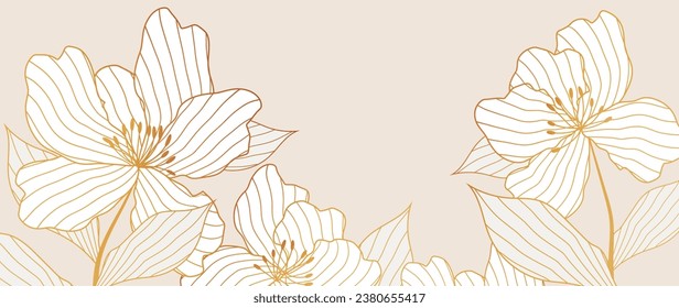 Luxury golden flower, leaves, line art vector background. Natural botanical elegant flower with golden line. Design illustration for decoration, wall decor, wallpaper, cover, banner, poster, postcard.