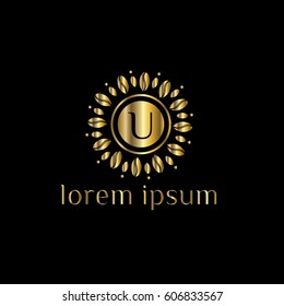 Luxury golden flower vector logo design letter U