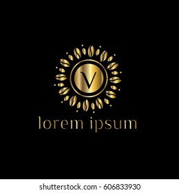 Luxury golden flower vector logo design letter V