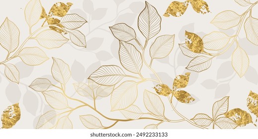 Arte de la línea de follaje dorado de lujo sobre Vector de fondo blanco. Hojas botánicas naturales elegantes con textura de lámina de oro. Ilustración de diseño para decoración, decoración de pared, Fondo de pantalla, cubierta, Anuncio.